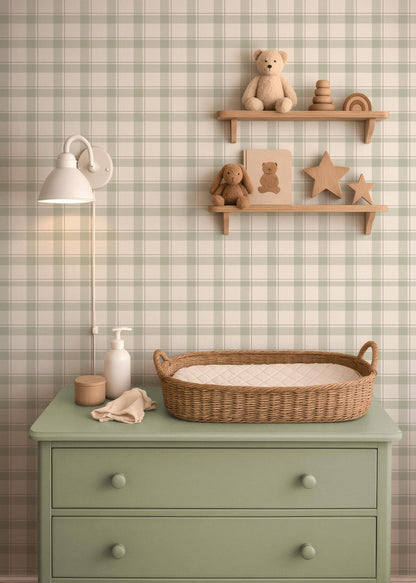 Soft Sage Green Plaid Wallpaper | Neutral Linen Look | Woodland Cabin Boy Nursery Bedroom Wallpaper | Traditional Prepasted And Peel & Stick
