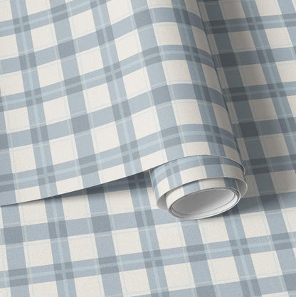 Slate Blue Cream Plaid Wallpaper | Gingham Linen Look | Neutral Boy Nursery Bedroom Wallpaper | Traditional Prepasted And Peel & Stick