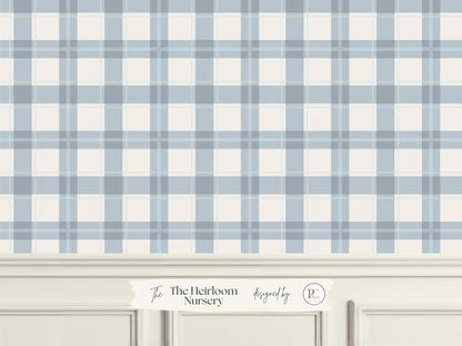 Slate Blue Cream Plaid Wallpaper | Gingham Linen Look | Neutral Boy Nursery Bedroom Wallpaper | Traditional Prepasted And Peel & Stick