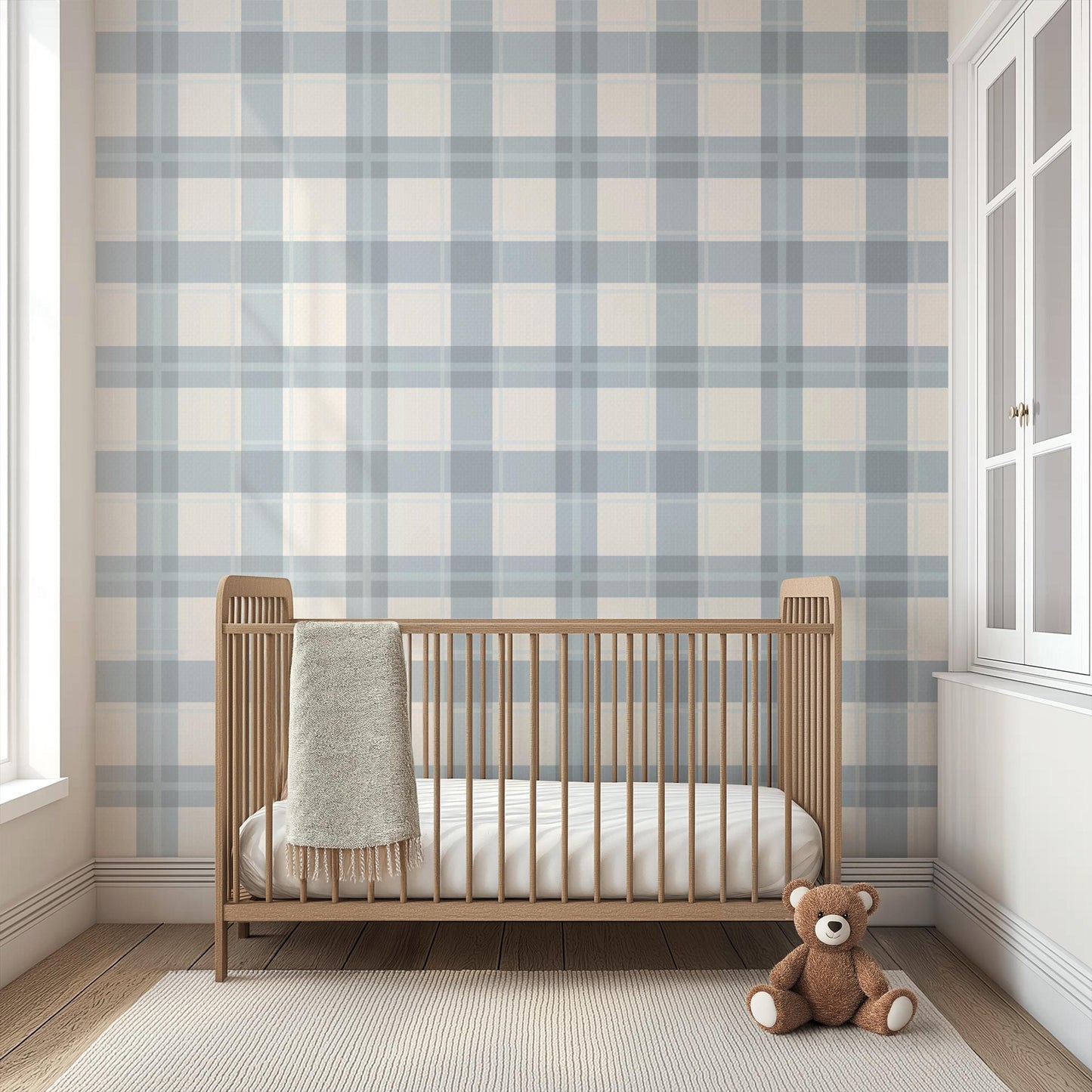 Slate Blue Cream Plaid Wallpaper | Gingham Linen Look | Neutral Boy Nursery Bedroom Wallpaper | Traditional Prepasted And Peel & Stick