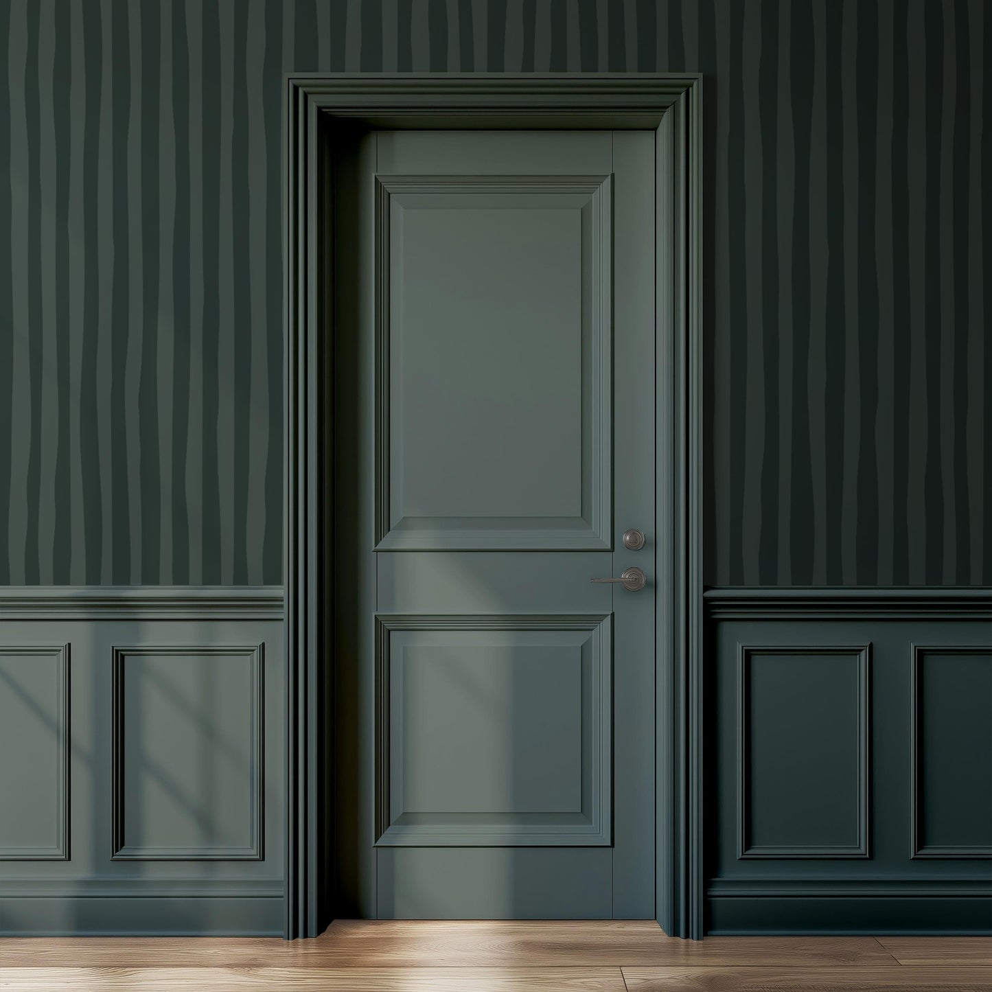 Moody Dark Green Stripe Wallpaper, European Vertical Dolce Stripe, Architectural Kitchen, Dining & Study Wallpaper