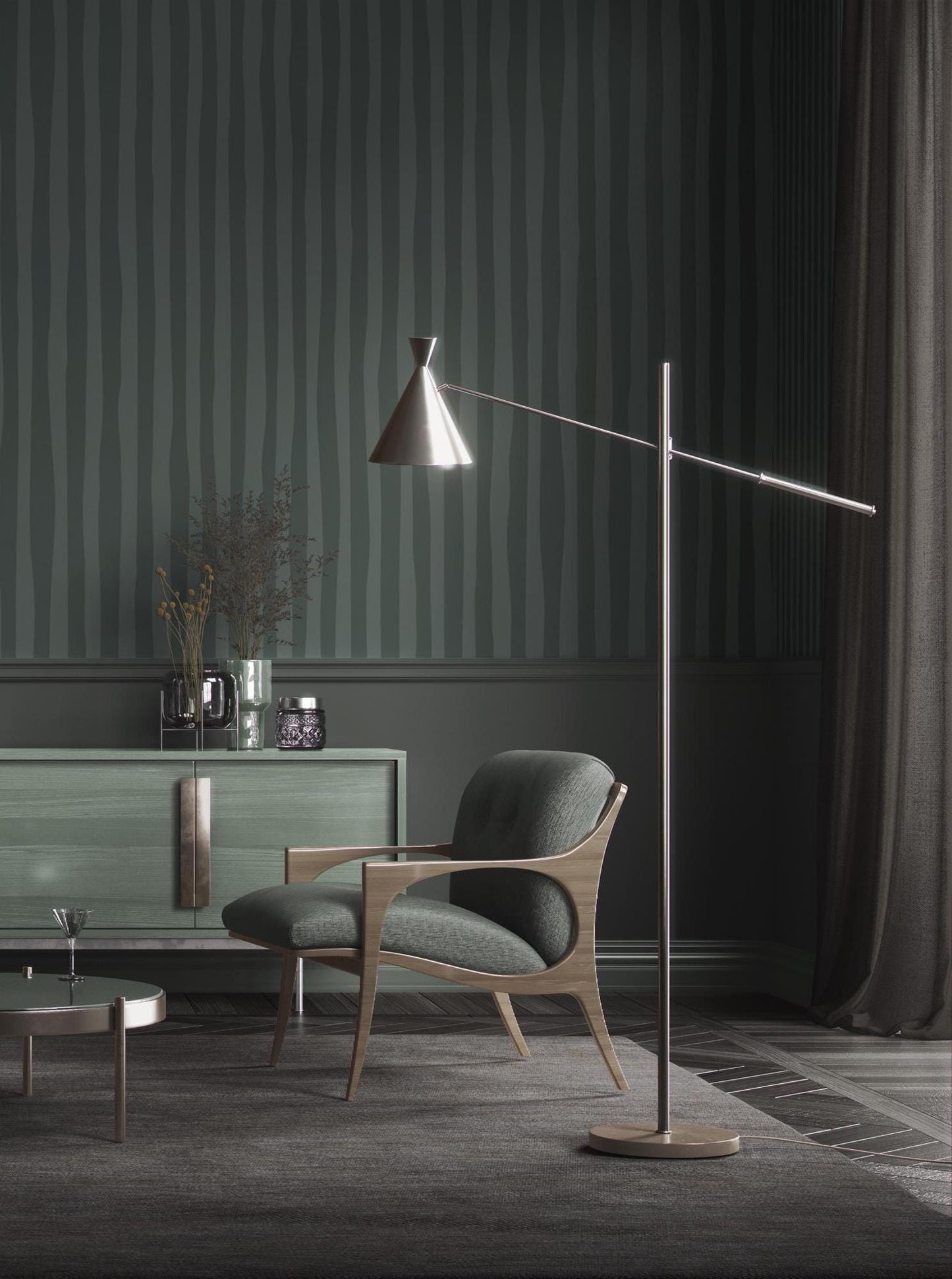 Moody Dark Green Stripe Wallpaper, European Vertical Dolce Stripe, Architectural Kitchen, Dining & Study Wallpaper