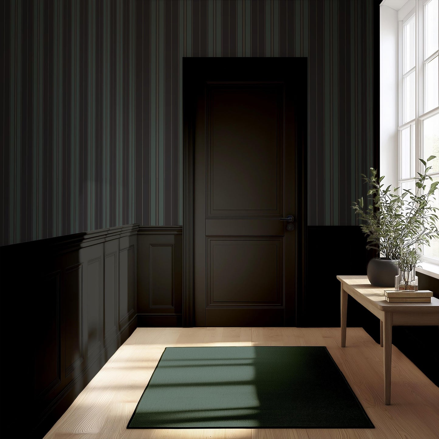 Dark Green Vertical Stripe Wallpaper, Moody Tonal Stripe for Men's Study, Bedroom, Dining Room & Boy Nursery Classic Interiors