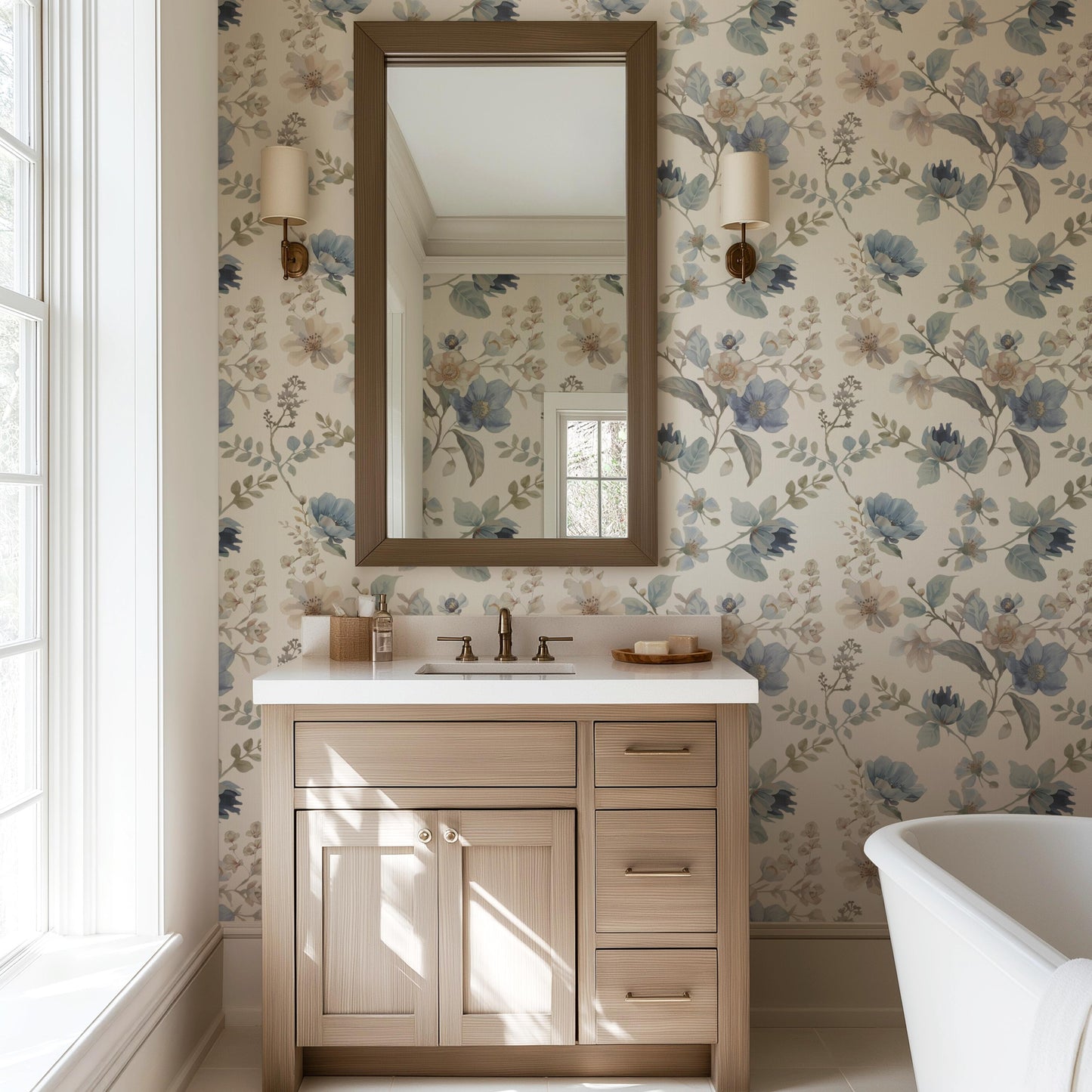 Heritage Blue Garden Floral Wallpaper | Linen Look Cream Botanical | Timeless English Style For Girl Nursery Bedroom Pre-Pasted Traditional