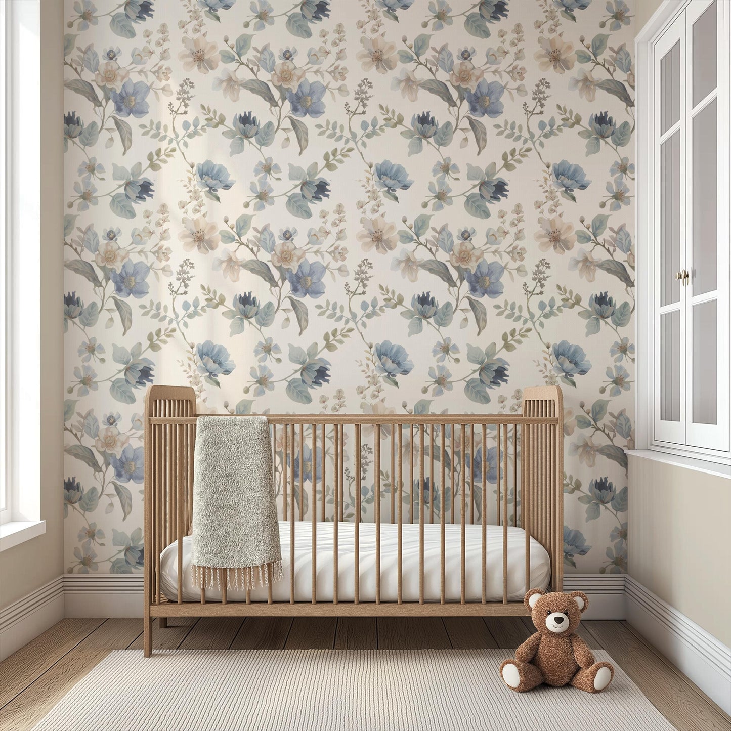 Heritage Blue Garden Floral Wallpaper | Linen Look Cream Botanical | Timeless English Style For Girl Nursery Bedroom Pre-Pasted Traditional