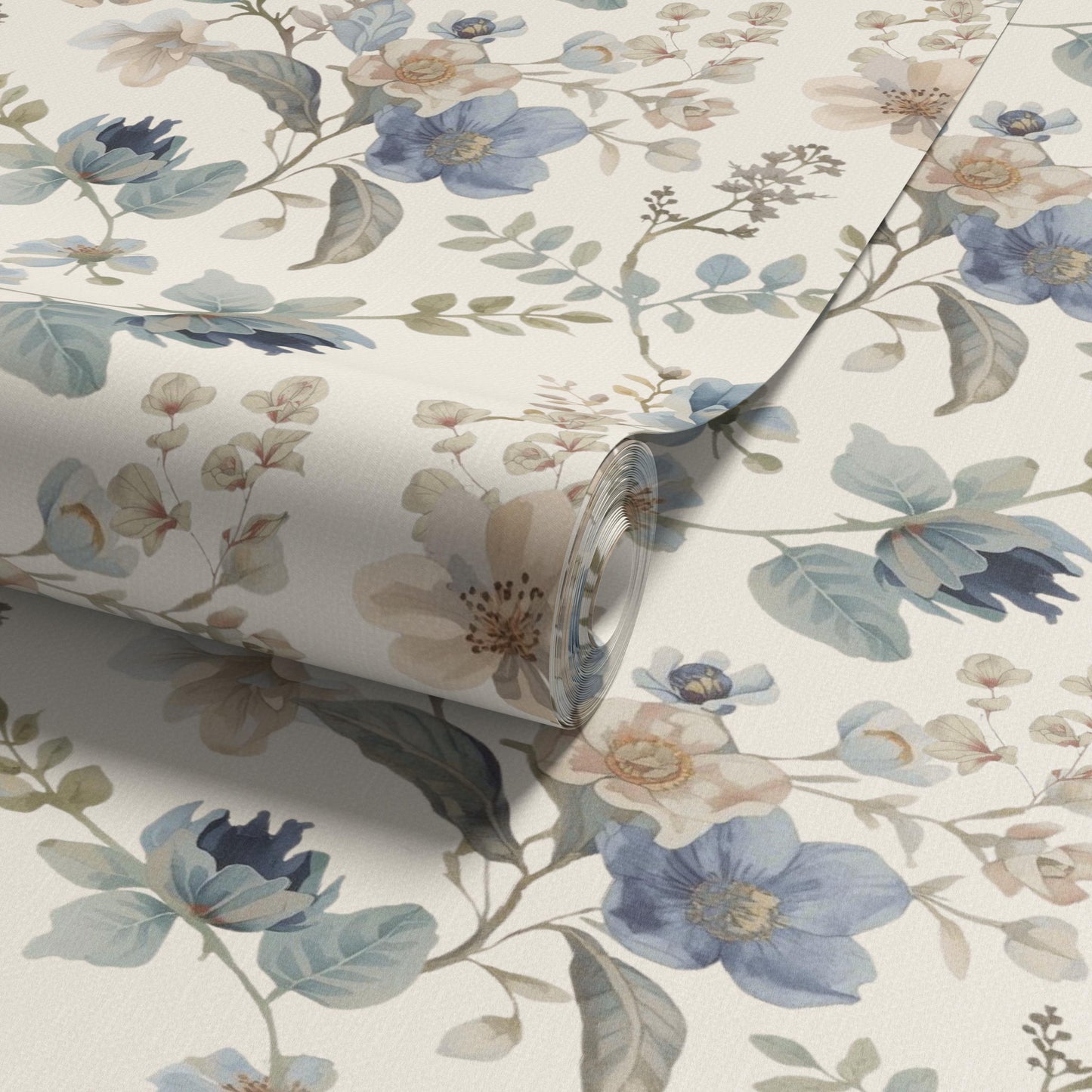Heritage Blue Garden Floral Wallpaper | Linen Look Cream Botanical | Timeless English Style For Girl Nursery Bedroom Pre-Pasted Traditional