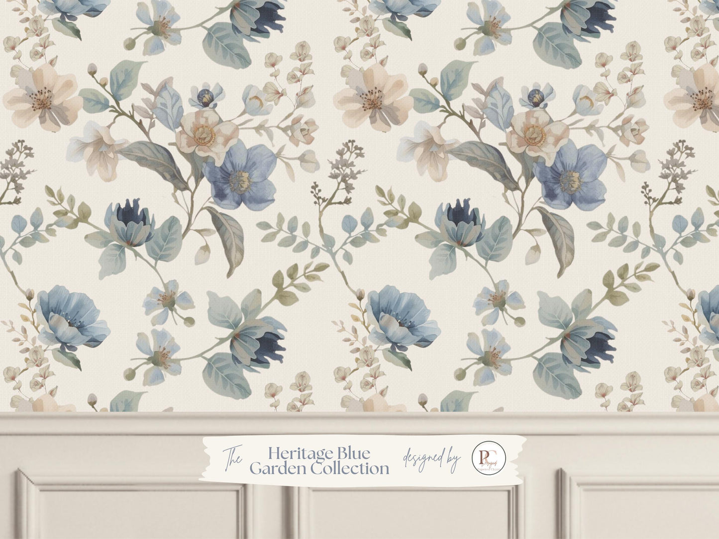 Heritage Blue Garden Floral Wallpaper | Linen Look Cream Botanical | Timeless English Style For Girl Nursery Bedroom Pre-Pasted Traditional