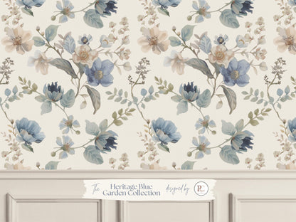 Heritage Blue Garden Floral Wallpaper | Linen Look Cream Botanical | Timeless English Style For Girl Nursery Bedroom Pre-Pasted Traditional