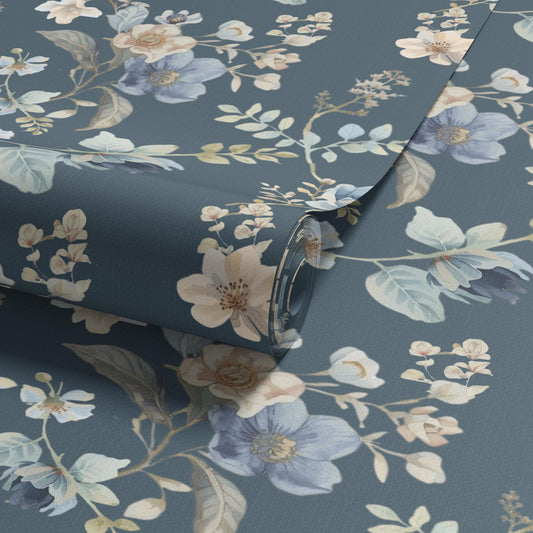 Heritage Patina Blue Floral Wallpaper | Dark Moody Botanical | Vintage English Style For Girl Nursery Bedroom, Luxury Peel & Stick