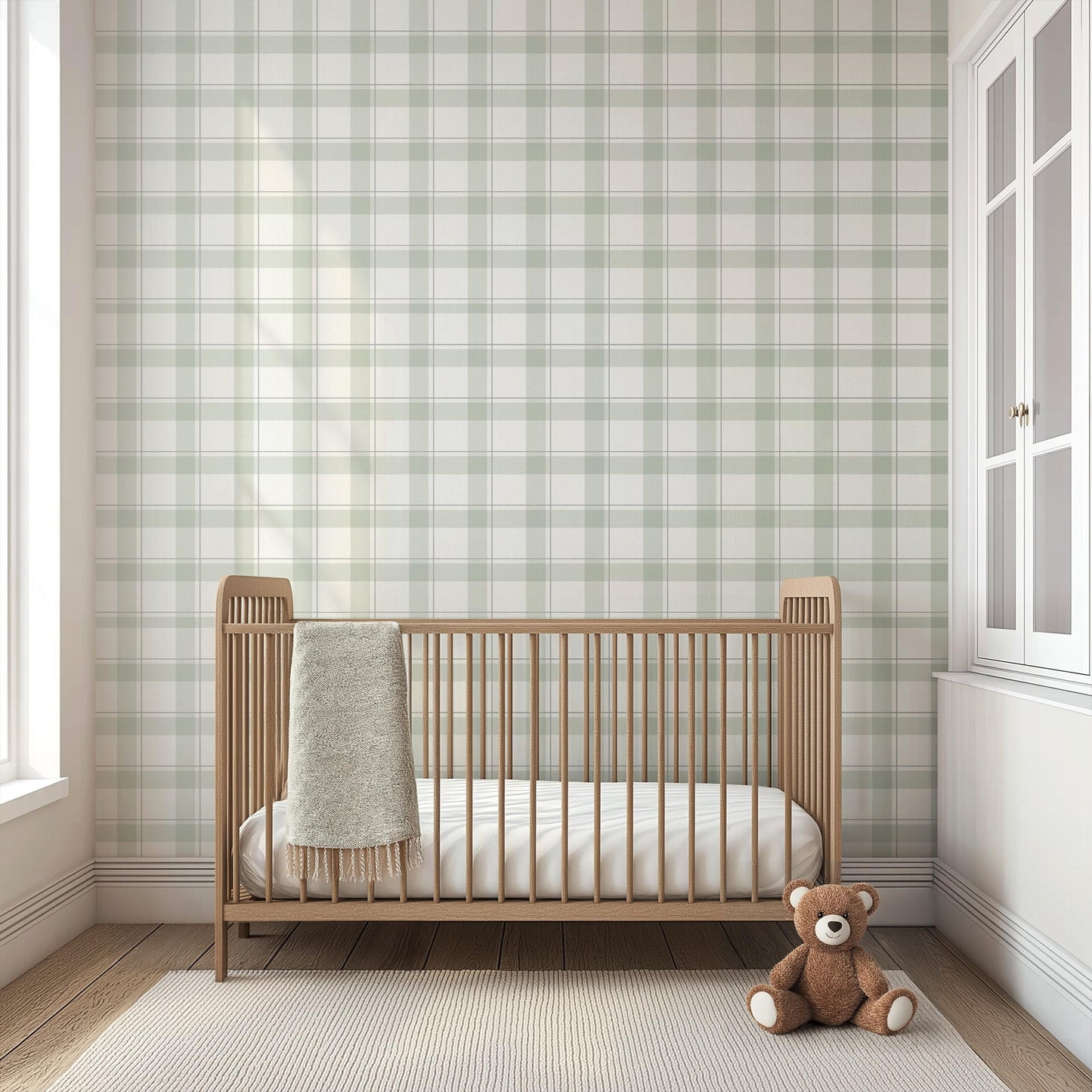 Soft Sage Green Plaid Wallpaper | Neutral Linen Look | Woodland Cabin Boy Nursery Bedroom Wallpaper | Traditional Prepasted And Peel & Stick