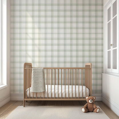 Soft Sage Green Plaid Wallpaper | Neutral Linen Look | Woodland Cabin Boy Nursery Bedroom Wallpaper | Traditional Prepasted And Peel & Stick