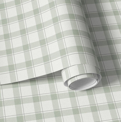 Soft Sage Green Plaid Wallpaper | Neutral Linen Look | Woodland Cabin Boy Nursery Bedroom Wallpaper | Traditional Prepasted And Peel & Stick