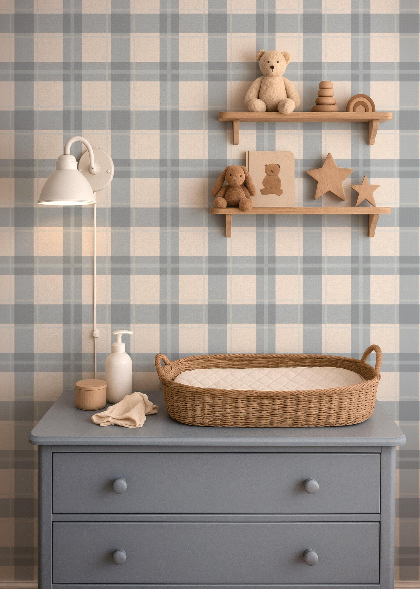 Slate Blue Cream Plaid Wallpaper | Gingham Linen Look | Neutral Boy Nursery Bedroom Wallpaper | Traditional Prepasted And Peel & Stick