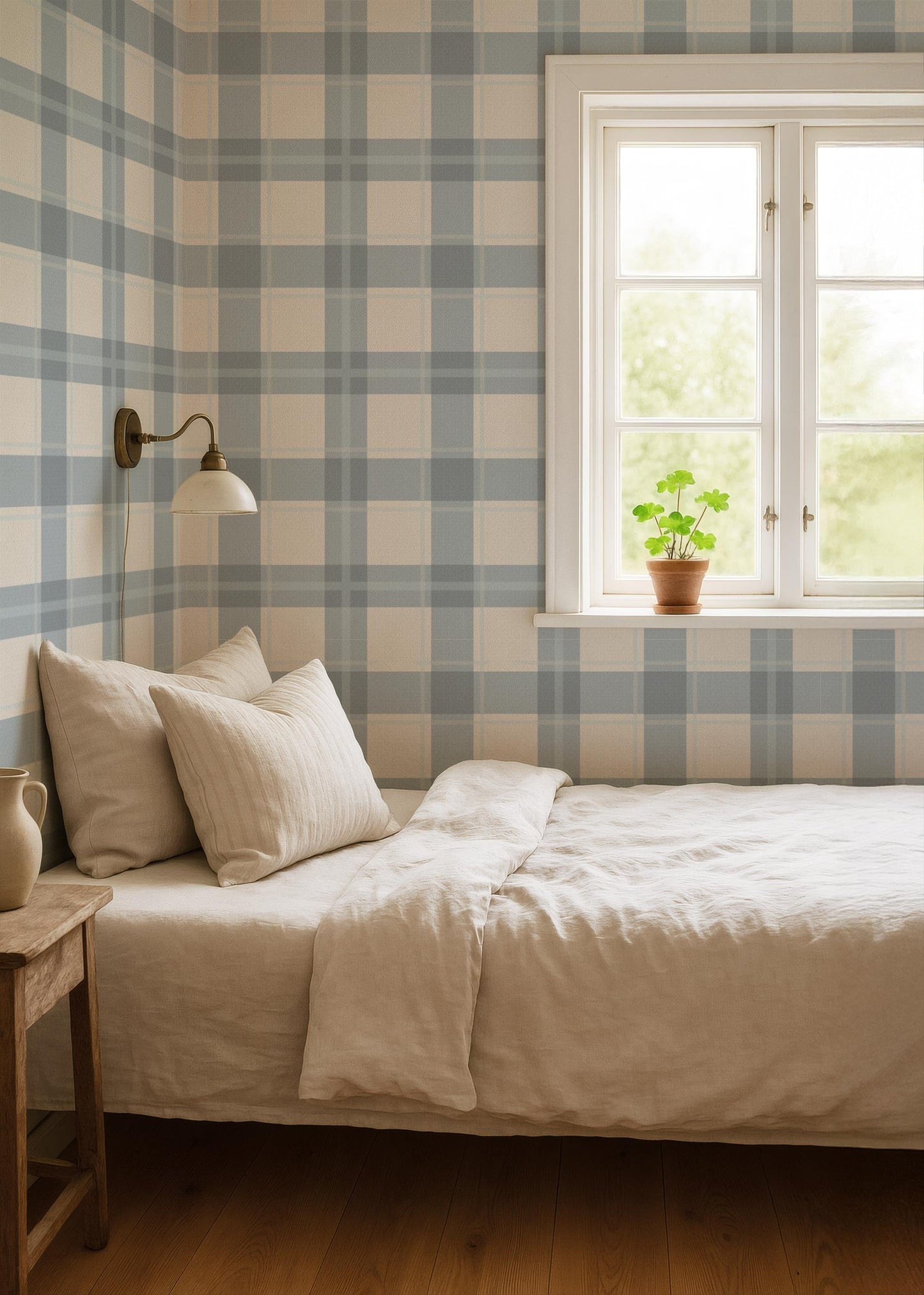 Slate Blue Cream Plaid Wallpaper | Gingham Linen Look | Neutral Boy Nursery Bedroom Wallpaper | Traditional Prepasted And Peel & Stick