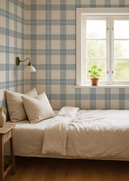 Slate Blue Cream Plaid Wallpaper | Gingham Linen Look | Neutral Boy Nursery Bedroom Wallpaper | Traditional Prepasted And Peel & Stick