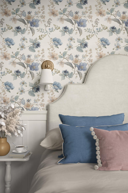 Heritage Blue Garden Floral Wallpaper | Linen Look Cream Botanical | Timeless English Style For Girl Nursery Bedroom Pre-Pasted Traditional