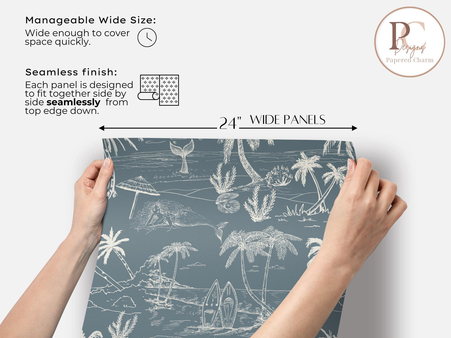 Dusty Blue Coastal Toile Wallpaper | Grandmillennial Beach House Palm & Mermaid | Neutral Coastal Peel And Stick, Prepasted, Paste On Wall