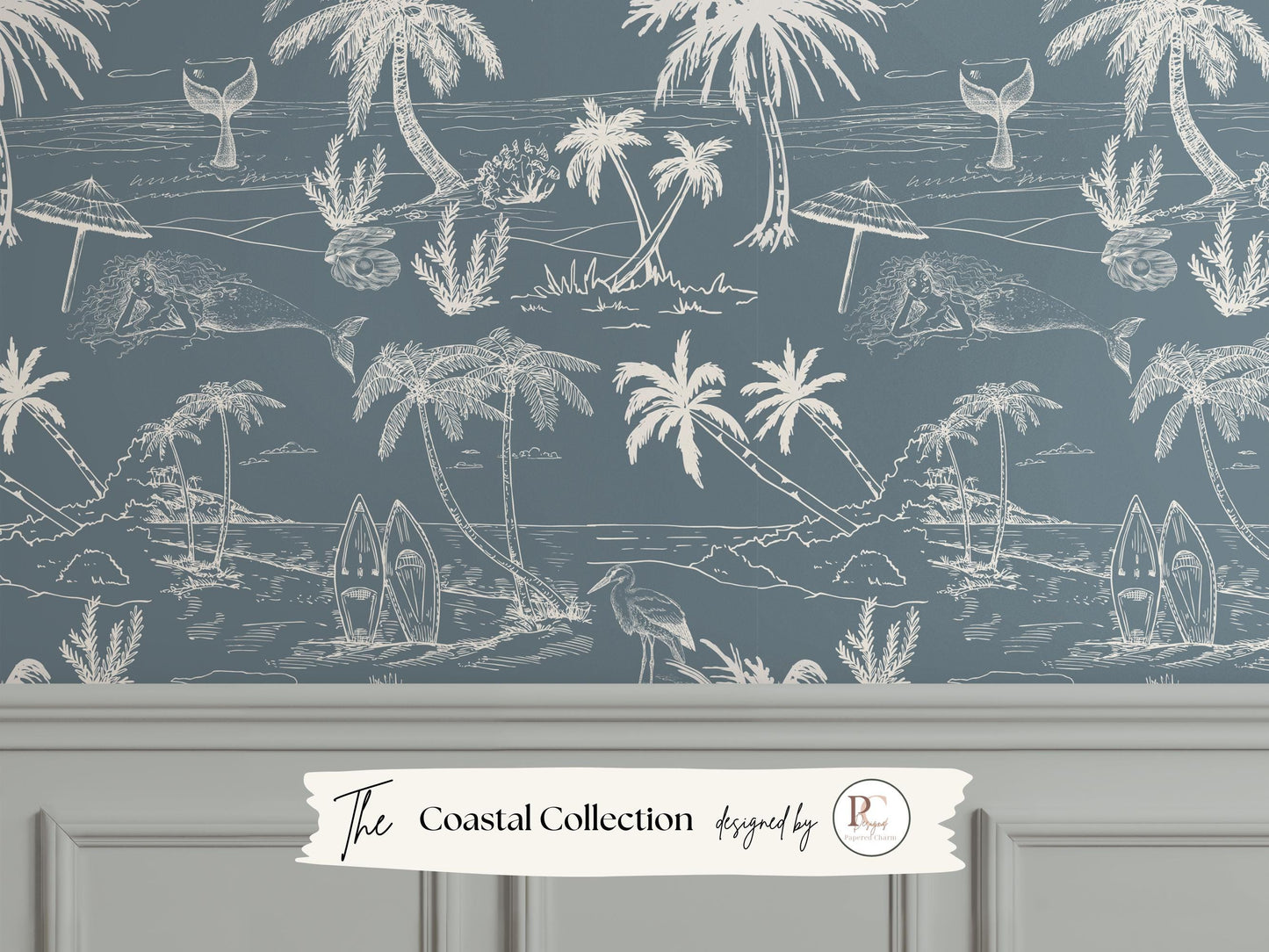 Dusty Blue Coastal Toile Wallpaper | Grandmillennial Beach House Palm & Mermaid | Neutral Coastal Peel And Stick, Prepasted, Paste On Wall