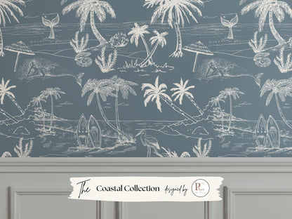 Dusty Blue Coastal Toile Wallpaper | Grandmillennial Beach House Palm & Mermaid | Neutral Coastal Peel And Stick, Prepasted, Paste On Wall