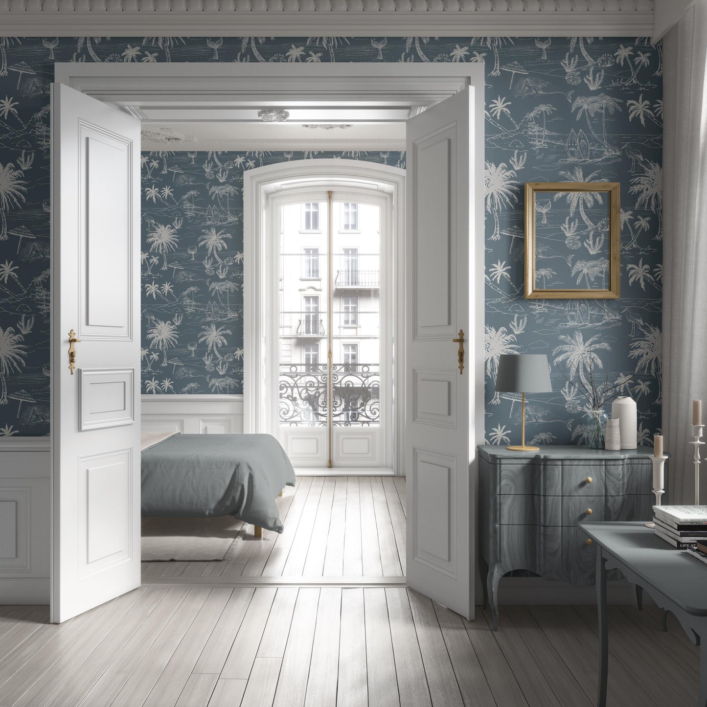 Dusty Blue Coastal Toile Wallpaper | Grandmillennial Beach House Palm & Mermaid | Neutral Coastal Peel And Stick, Prepasted, Paste On Wall