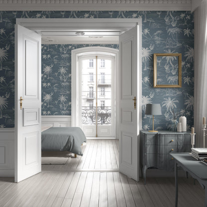 Dusty Blue Coastal Toile Wallpaper | Grandmillennial Beach House Palm & Mermaid | Neutral Coastal Peel And Stick, Prepasted, Paste On Wall