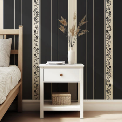 Moody Dark Botanical Stripe Wallpaper | Heritage Floral Striped Wall  | Vintage Charcoal Wallcovering | Premium Peel & Stick Unpasted Paper