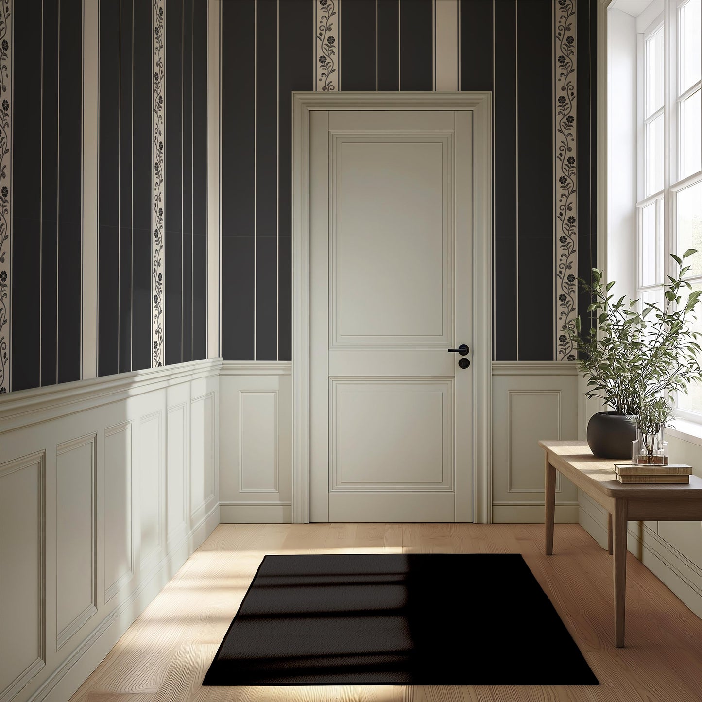 Moody Dark Botanical Stripe Wallpaper | Heritage Floral Striped Wall  | Vintage Charcoal Wallcovering | Premium Peel & Stick Unpasted Paper