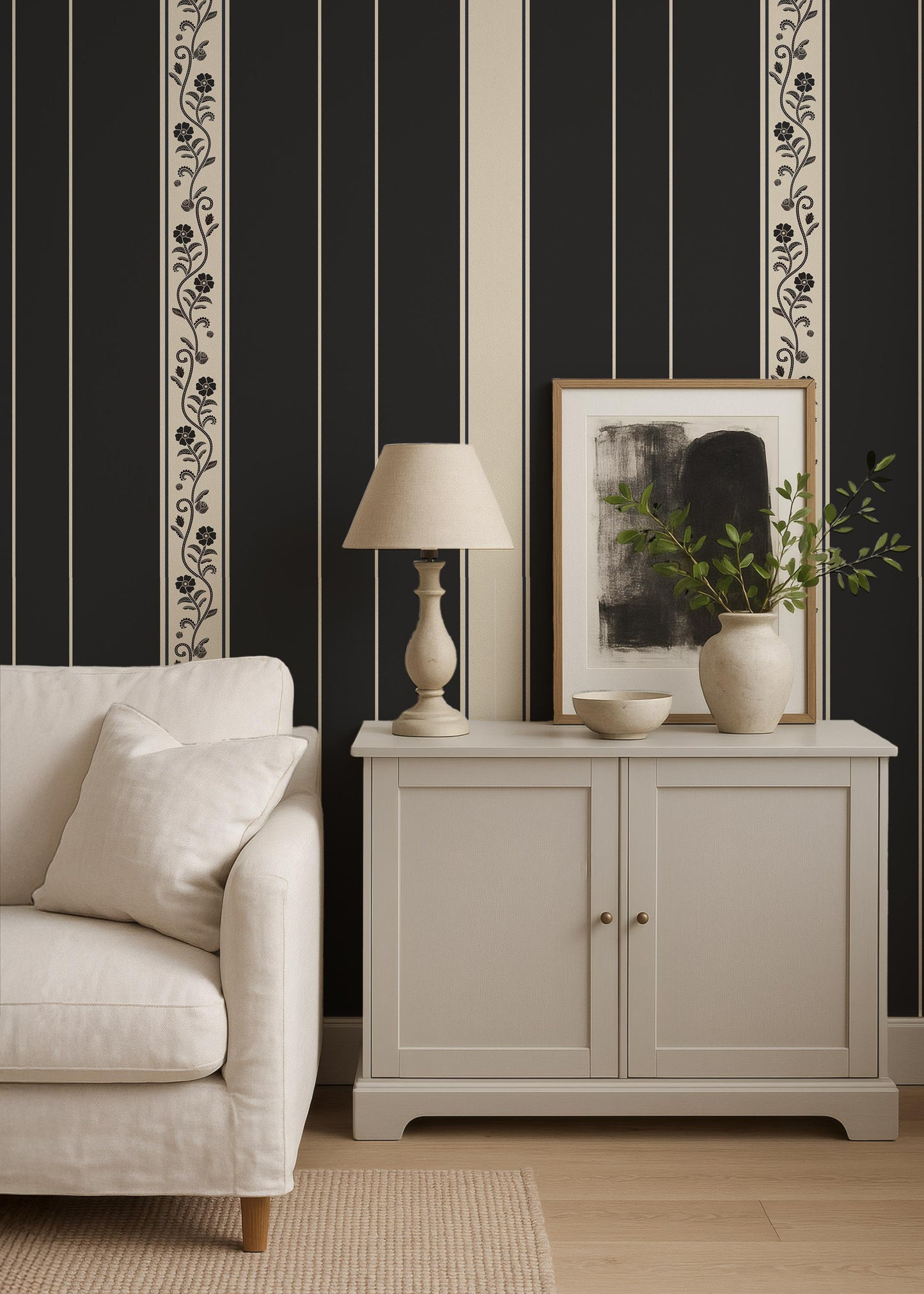 Moody Dark Botanical Stripe Wallpaper | Heritage Floral Striped Wall  | Vintage Charcoal Wallcovering | Premium Peel & Stick Unpasted Paper