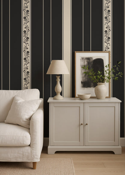Moody Dark Botanical Stripe Wallpaper | Heritage Floral Striped Wall  | Vintage Charcoal Wallcovering | Premium Peel & Stick Unpasted Paper