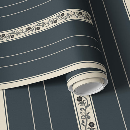 Classic Blue Stripe Wallpaper with Botanical Detail | Traditional Heritage Wall Covering |  Peel & Stick Non Woven Unpasted