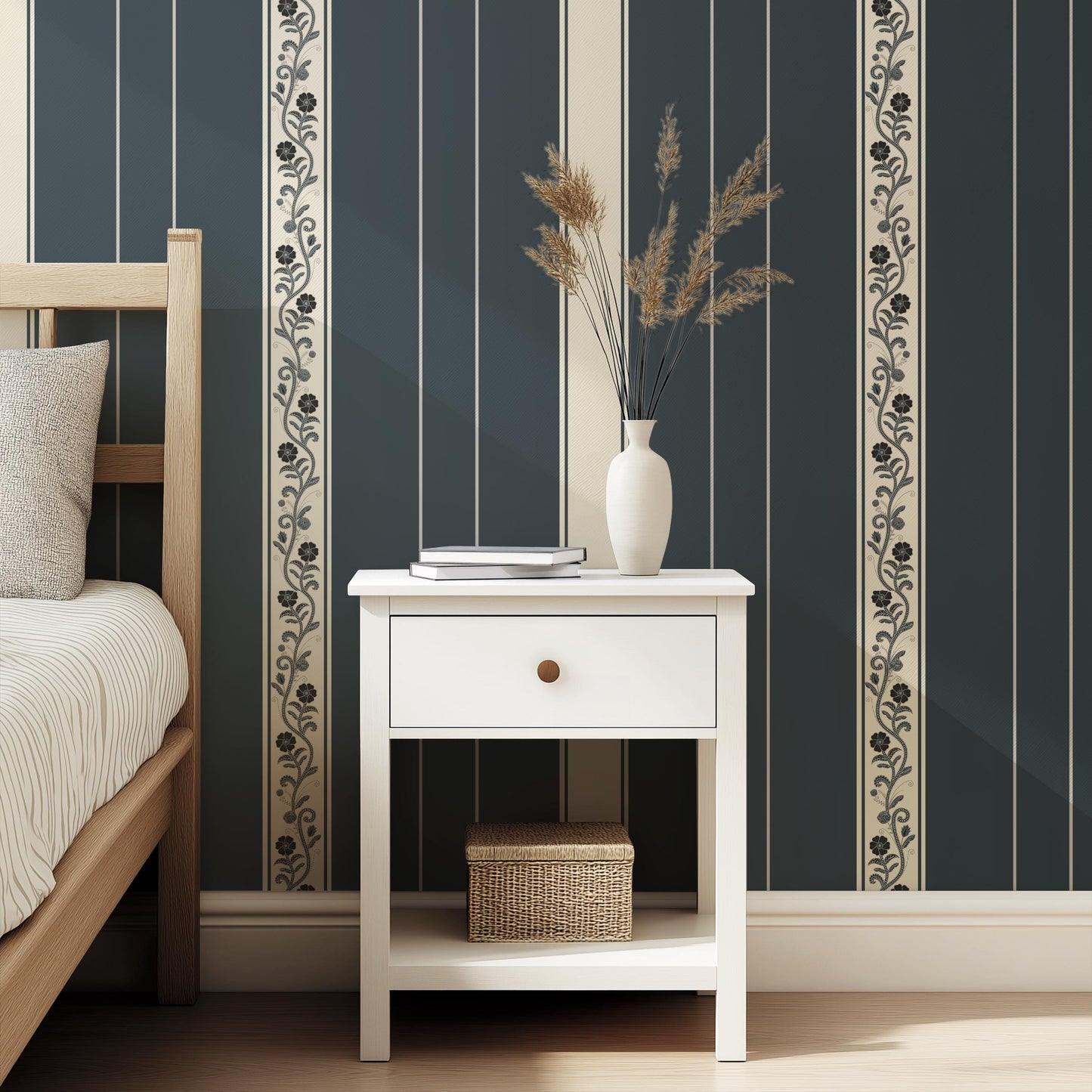 Classic Blue Stripe Wallpaper with Botanical Detail | Traditional Heritage Wall Covering |  Peel & Stick Non Woven Unpasted