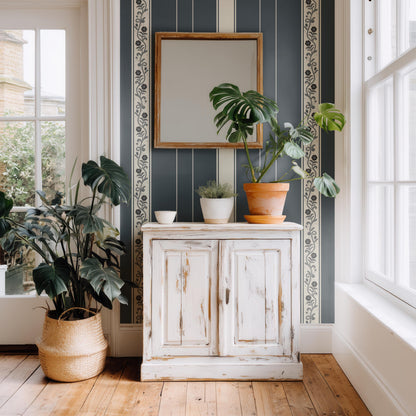 Classic Blue Stripe Wallpaper with Botanical Detail | Traditional Heritage Wall Covering |  Peel & Stick Non Woven Unpasted