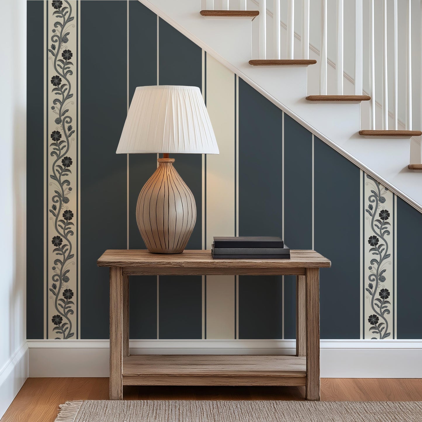Classic Blue Stripe Wallpaper with Botanical Detail | Traditional Heritage Wall Covering |  Peel & Stick Non Woven Unpasted