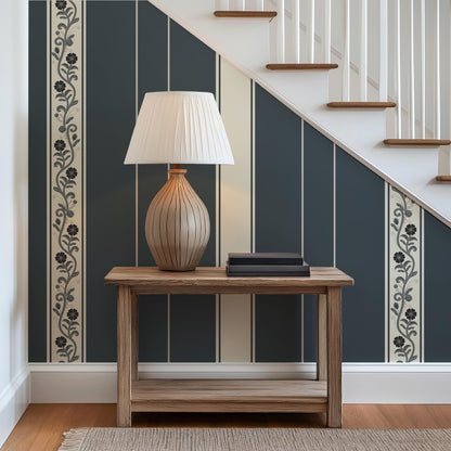 Classic Blue Stripe Wallpaper with Botanical Detail | Traditional Heritage Wall Covering |  Peel & Stick Non Woven Unpasted