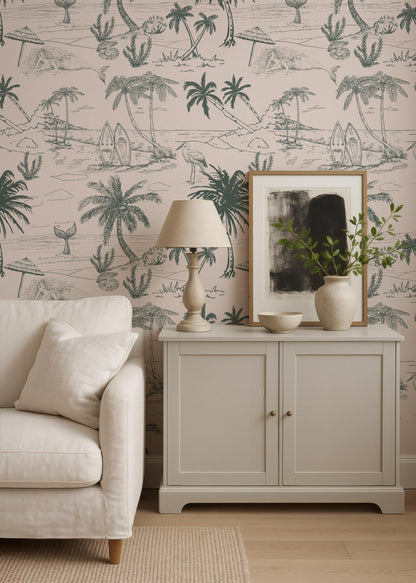 Pink Coastal Toile Wallpaper Green Palm Beach Scene Peel & Stick For Feminine Coastal Nursery Decor Soft French Coastal For Guest Bedroom