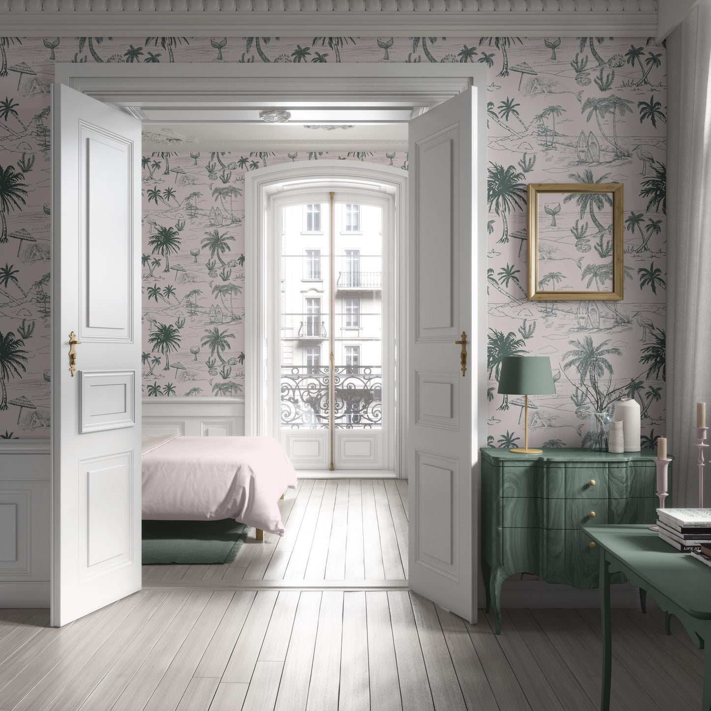 Pink Coastal Toile Wallpaper Green Palm Beach Scene Peel & Stick For Feminine Coastal Nursery Decor Soft French Coastal For Guest Bedroom