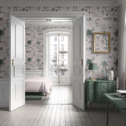 Pink Coastal Toile Wallpaper Green Palm Beach Scene Peel & Stick For Feminine Coastal Nursery Decor Soft French Coastal For Guest Bedroom