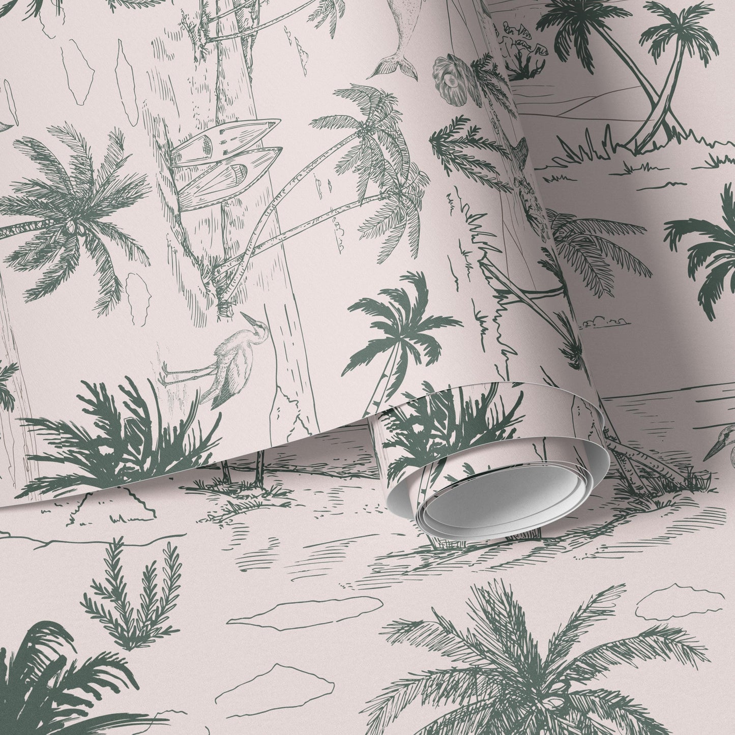Pink Coastal Toile Wallpaper Green Palm Beach Scene Peel & Stick For Feminine Coastal Nursery Decor Soft French Coastal For Guest Bedroom