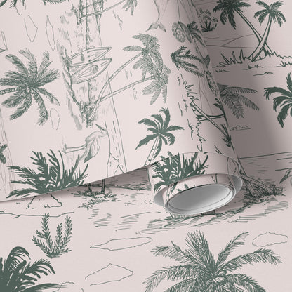 Pink Coastal Toile Wallpaper Green Palm Beach Scene Peel & Stick For Feminine Coastal Nursery Decor Soft French Coastal For Guest Bedroom