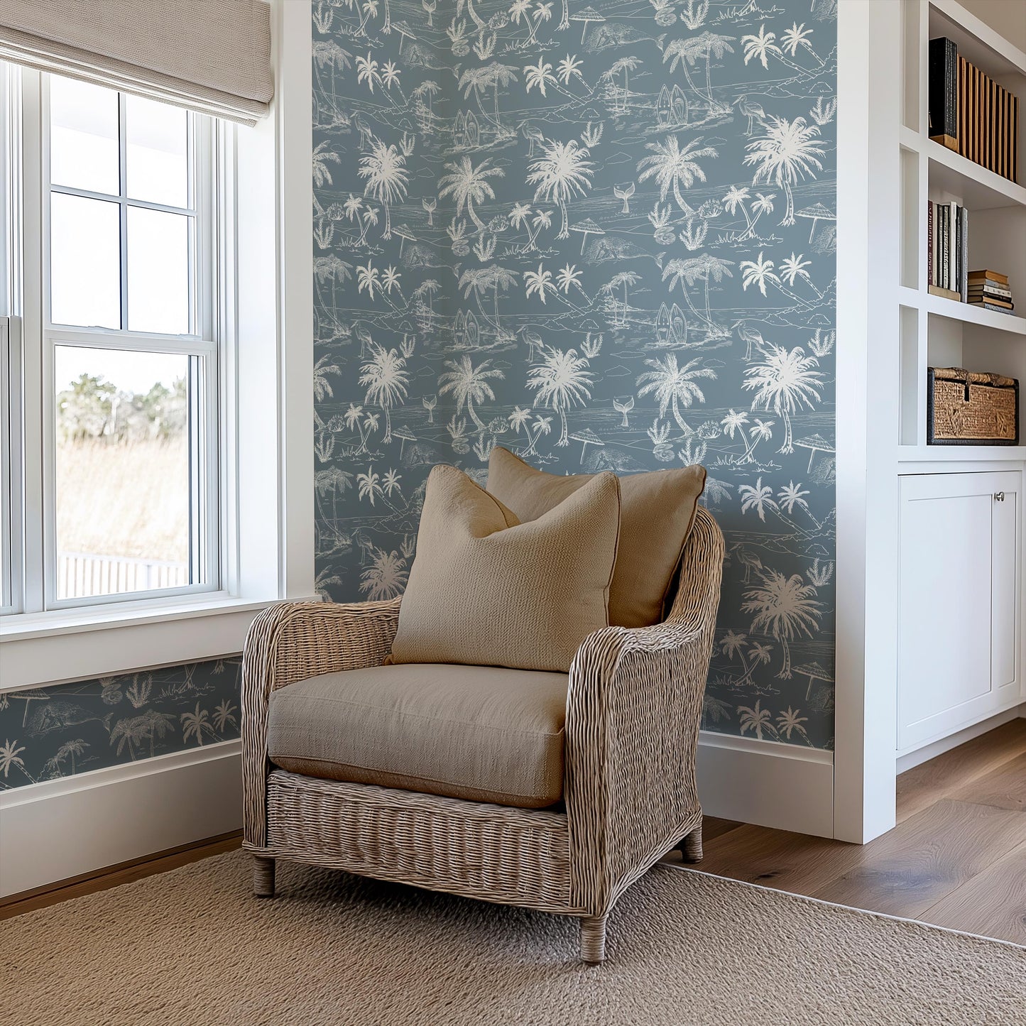 Dusty Blue Coastal Toile Wallpaper | Grandmillennial Beach House Palm & Mermaid | Neutral Coastal Peel And Stick, Prepasted, Paste On Wall