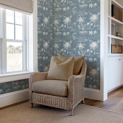 Dusty Blue Coastal Toile Wallpaper | Grandmillennial Beach House Palm & Mermaid | Neutral Coastal Peel And Stick, Prepasted, Paste On Wall