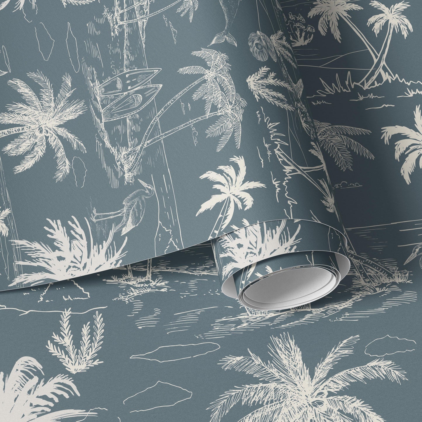 Dusty Blue Coastal Toile Wallpaper | Grandmillennial Beach House Palm & Mermaid | Neutral Coastal Peel And Stick, Prepasted, Paste On Wall