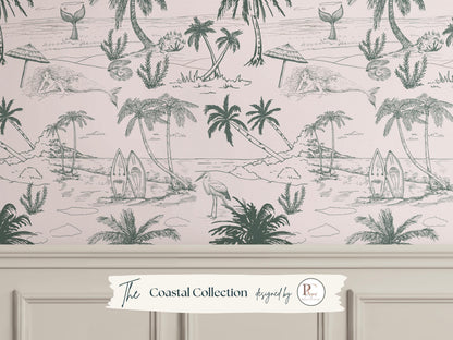 Pink Coastal Toile Wallpaper Green Palm Beach Scene Peel & Stick For Feminine Coastal Nursery Decor Soft French Coastal For Guest Bedroom