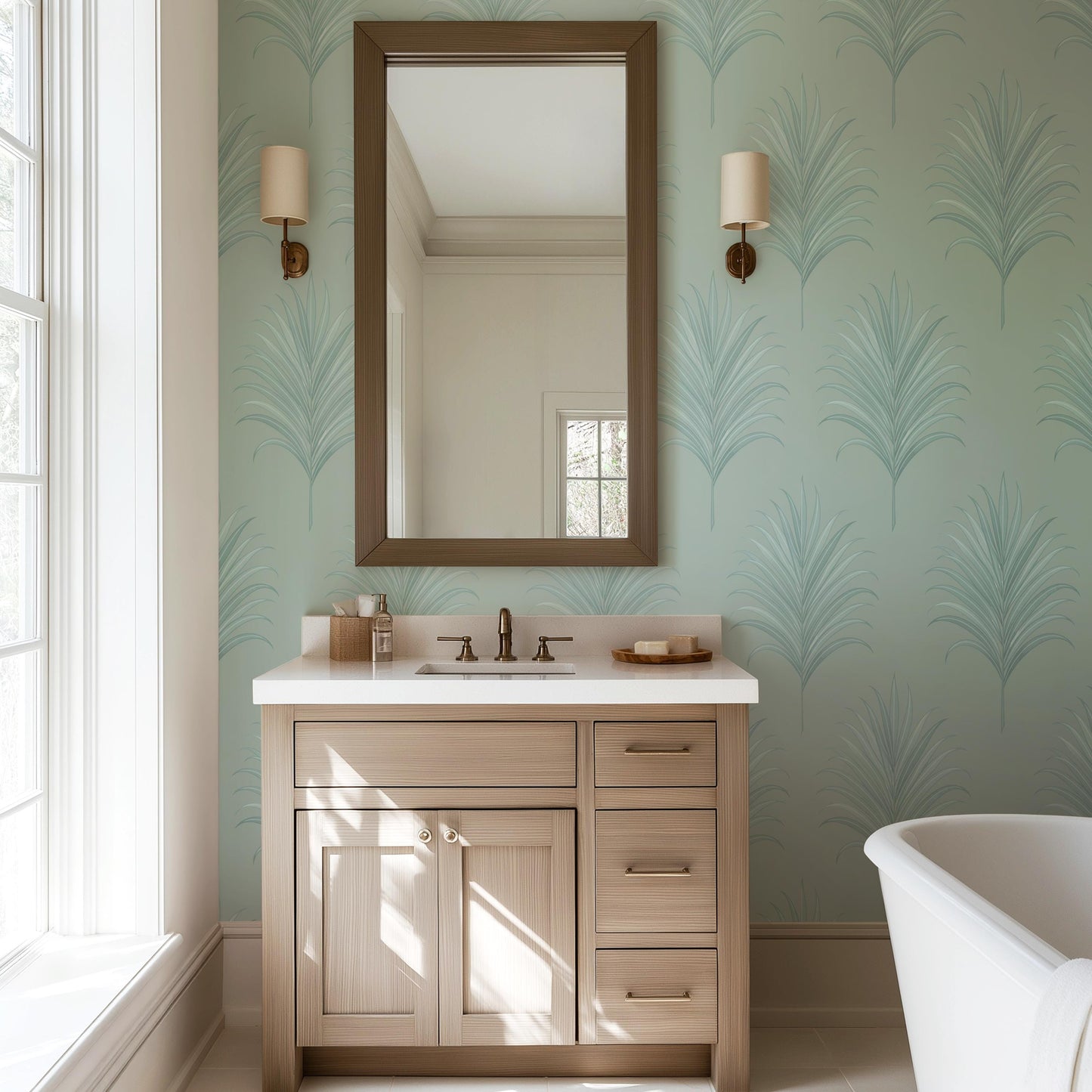 Coastal Palm Wallpaper | Sea Green Tropical Leaf Accent Wall | Art Deco Style | Beach House Wall Mural | Removable Peel and Stick & Unpasted