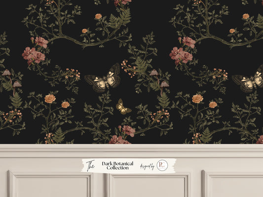 Gothic Chinoiserie Moth Wallpaper | Dark Moody Floral Wallpaper | Botanical Cottagecore Wall Mural | Peel & Stick, Pre-pasted, Traditional