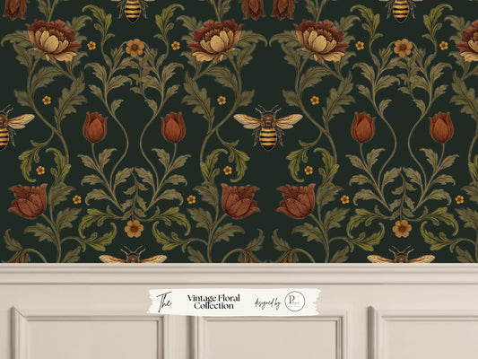 William Morris Inspired Bee Wallpaper | Vintage Floral Wallpaper |  Art Nouveau Cottagecore Decor | Peel & Stick, Pre-pasted, Traditional