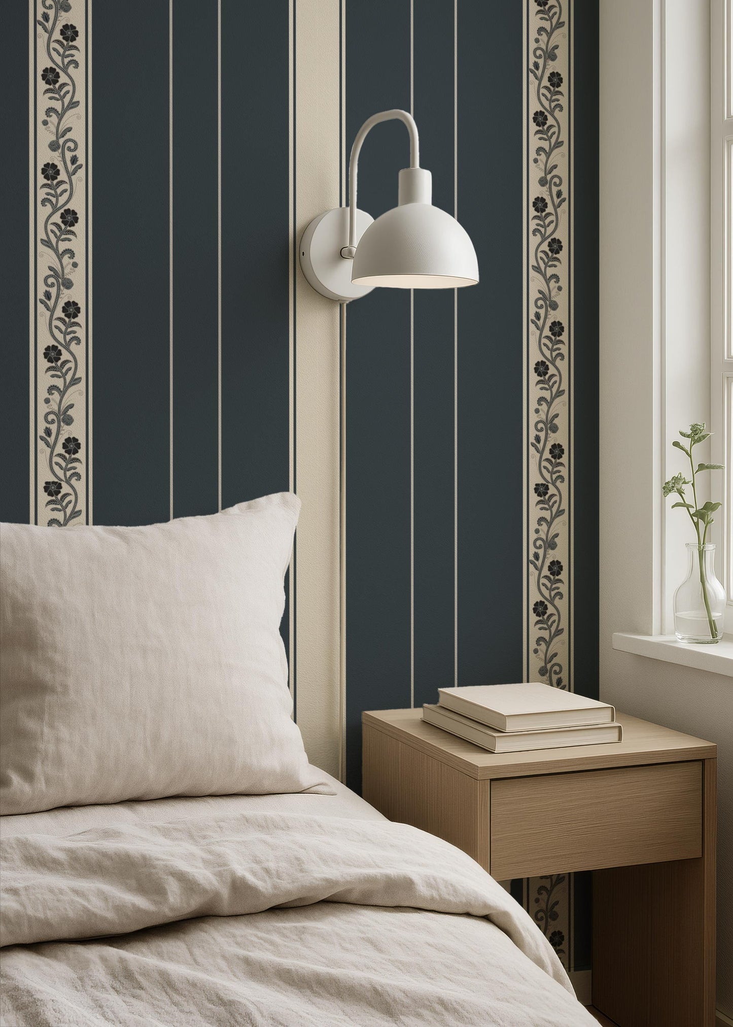 Classic Blue Stripe Wallpaper with Botanical Detail | Traditional Heritage Wall Covering |  Peel & Stick Non Woven Unpasted