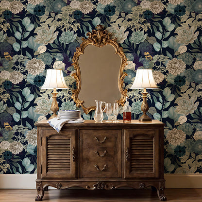 Dark Blue Botanical Peel and Stick Wallpaper Elegant Floral Mural Wall Covering For Living Room, Bedroom, Bathroom, or Office