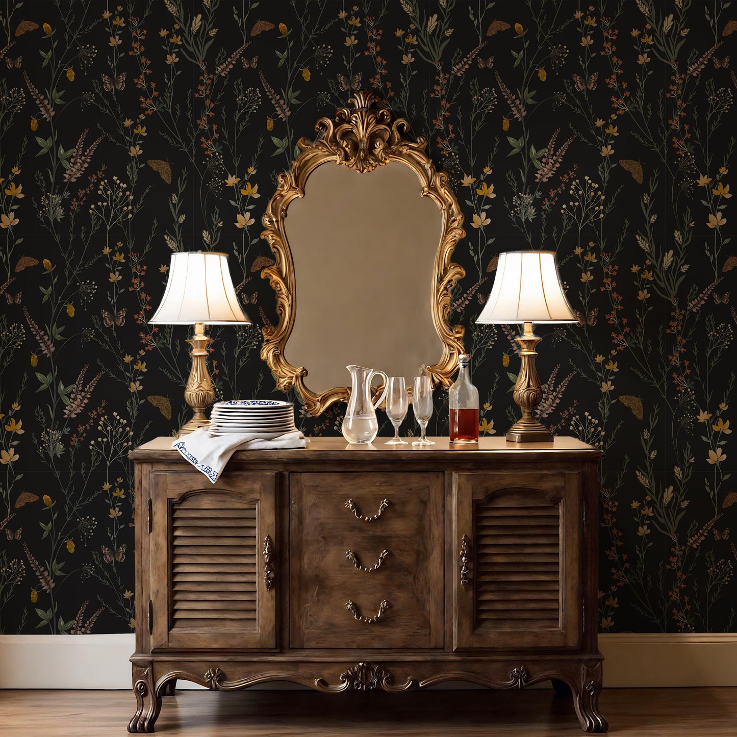 Moody Dark Botanical Peel and Stick Wallpaper Vintage Floral Wall Mural Dark Academia Self- Adhesive for Living Room Bedroom Powder Room
