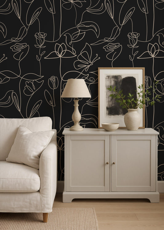 Dark Botanical Line Art Wallpaper: Black & Beige Floral Mural